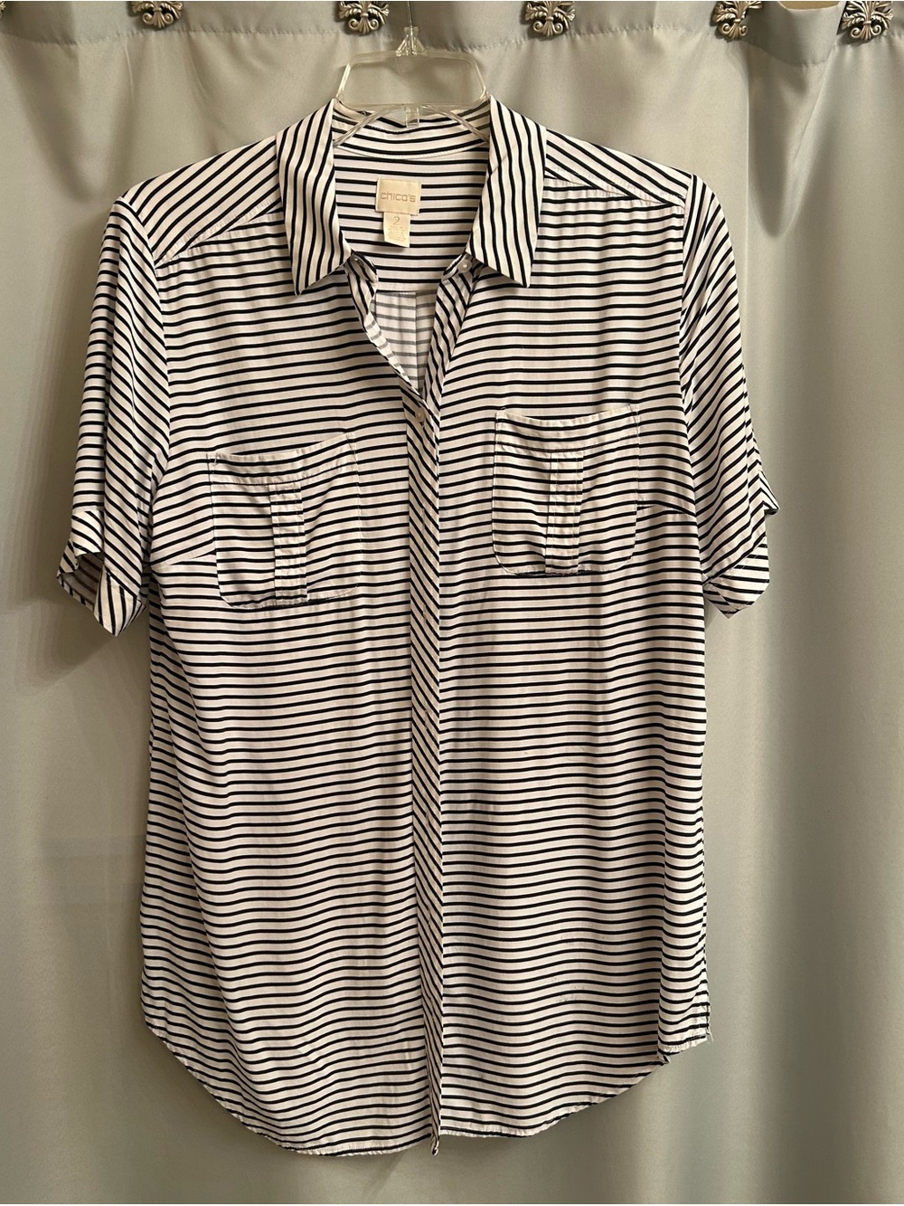 Chico's Black and White Striped Short-Sleeve Button-Down Shirt